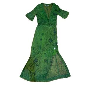 Urban Outfitters Boho Print Midi Green Floral V-Neck Dress Size XS
